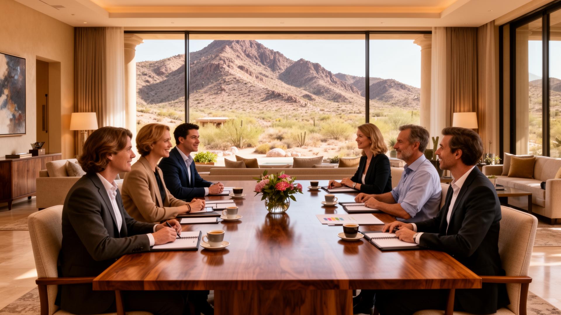 Executive retreat strategy session in the great room of a The Villas Scottsdale villa